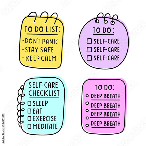 Set of hand drawn to do lists. Self care concept. Vector illustration design on white background.