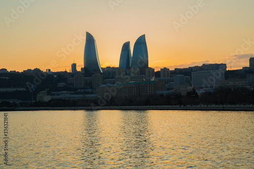 Sunset of Baku, Azerbaijan . Fire towers in the night