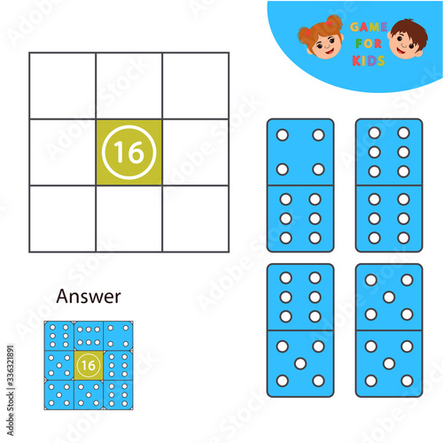 Math Game for children. Dominoes. Learning counting, addition.  Education developing worksheet. Vector illustration