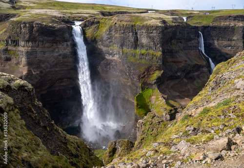 View of the landscape of the Haifoss waterfall in Iceland. © wjarek