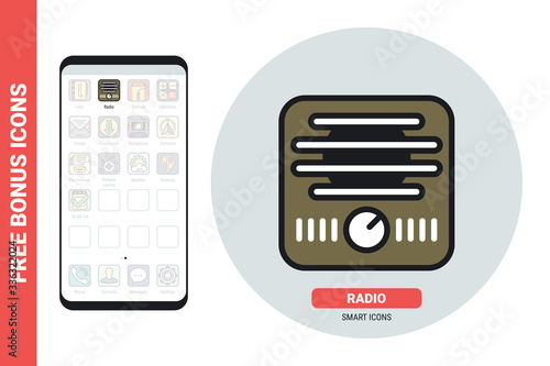 Radio application or receiver icon for smartphone, tablet, laptop or other smart device with mobile interface. Simple color version. Contains free bonus icons