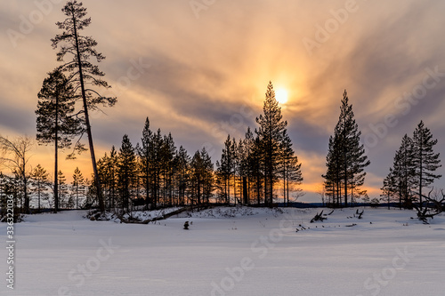sunset over the frozen lake in winter. Solar halo. The sun's rays make their way through the crowns of trees on a small island. Blue snow. Winter landscape.