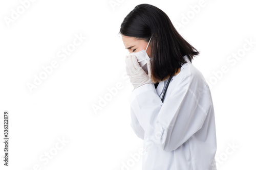 Woman doctor feel ill and sneezing. photo