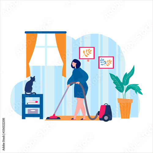 Woman House cleaning. Character Domestic Housework Cleaning Floor. Housekeeping Time with Vacuum Cleaner. Self-isolation and remote work during Covid-19 outbreak. Vector Illustration