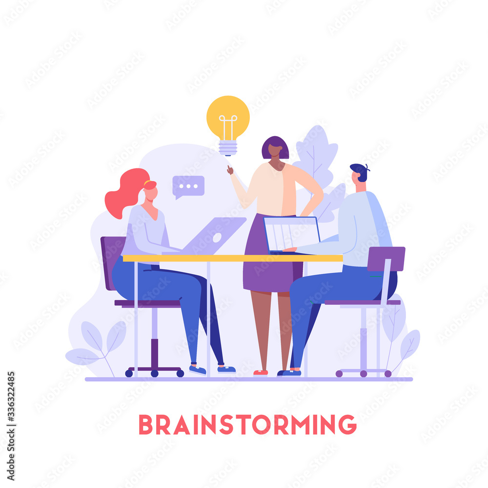 Team of employees discussing project or new idea. Business conference. Concept of brainstorming, office meeting, team thinking.  Vector illustration in flat design for UI, web banner, mobile app