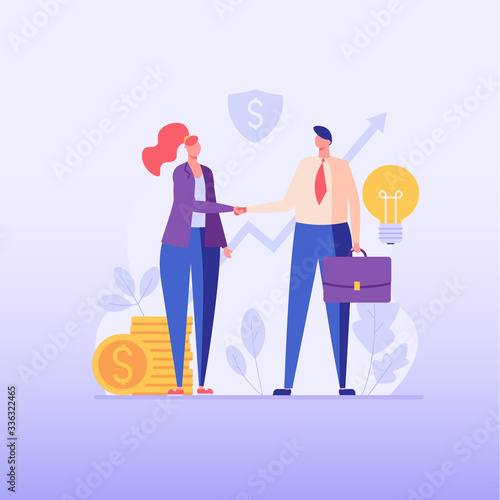 Businessmen make good deal. Business partners. Concept of partnership, business deal, agreement shaking hands, teamwork. Vector illustration in flat design for UI, web banner, mobile app