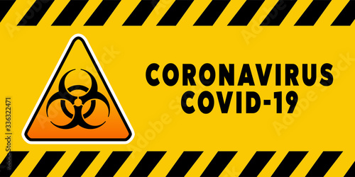 Biohazard Banner Coronavirus Covid-19 on yellow background. Concept of SARS-CoV-2. Virus Infection. Medical wallpaper. 3D illustration of coronavirus.