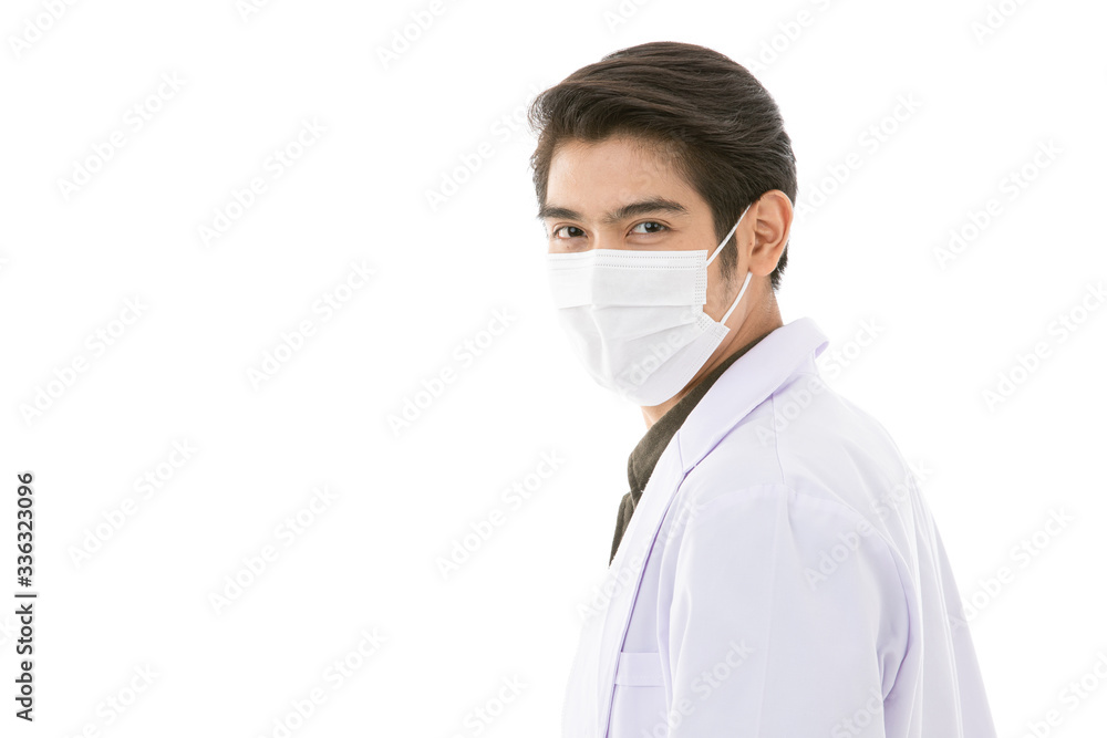 Young Asian man in lab coat in white background