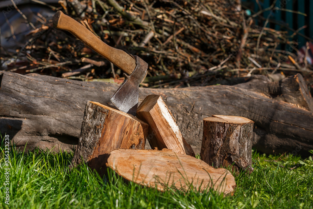 Firewood with an ax in a clearing with green grass Firewood with an ax in a clearing with green grass