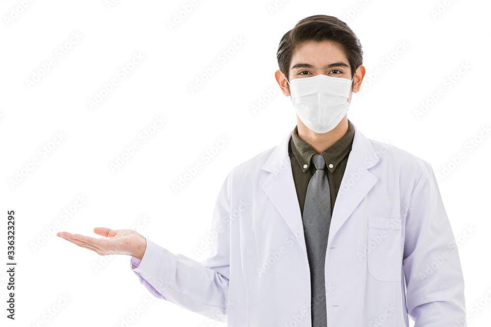 Young Asian man in lab coat in white background Young Asian man in lab coat in white background