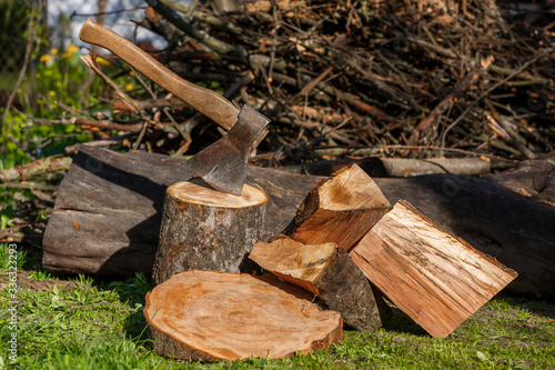 Firewood with an ax in a clearing with green grass
