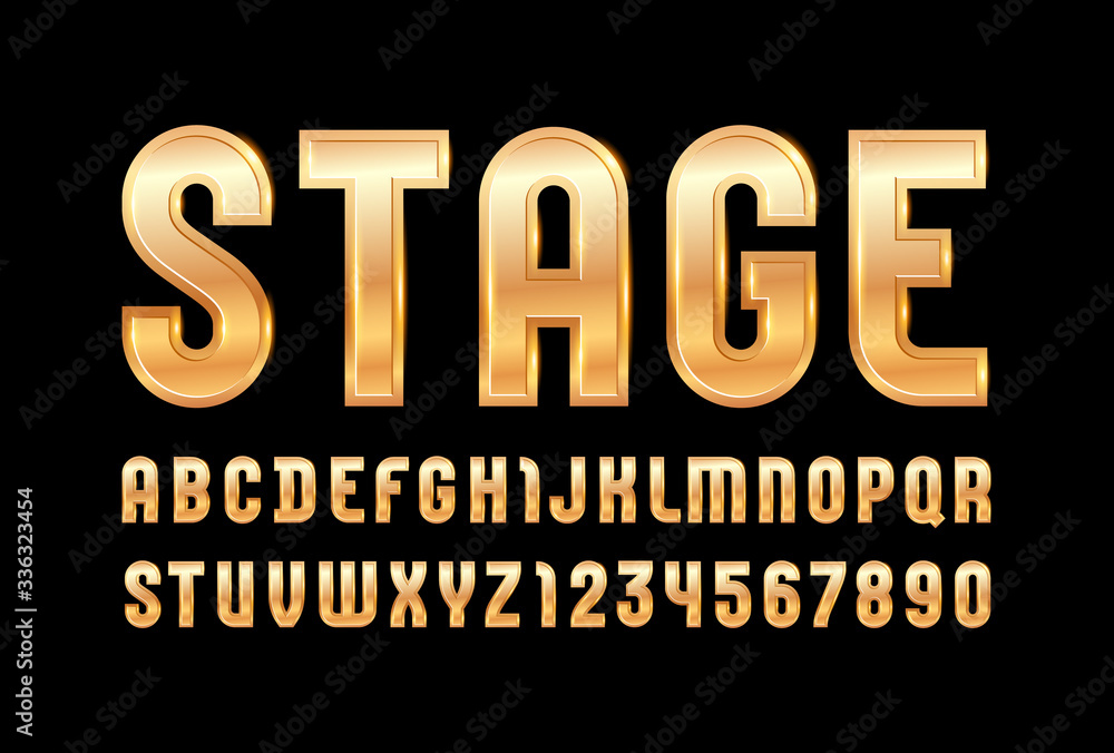 Fototapeta High steel font of golden style, trendy glossy alphabet, aureate Latin letters from A to Z and Arab numbers from 0 to 9 for you designs, vector illustration 10EPS