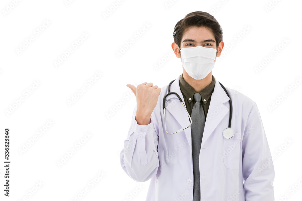 Young Asian man in lab coat in white background Young Asian man in lab coat in white background