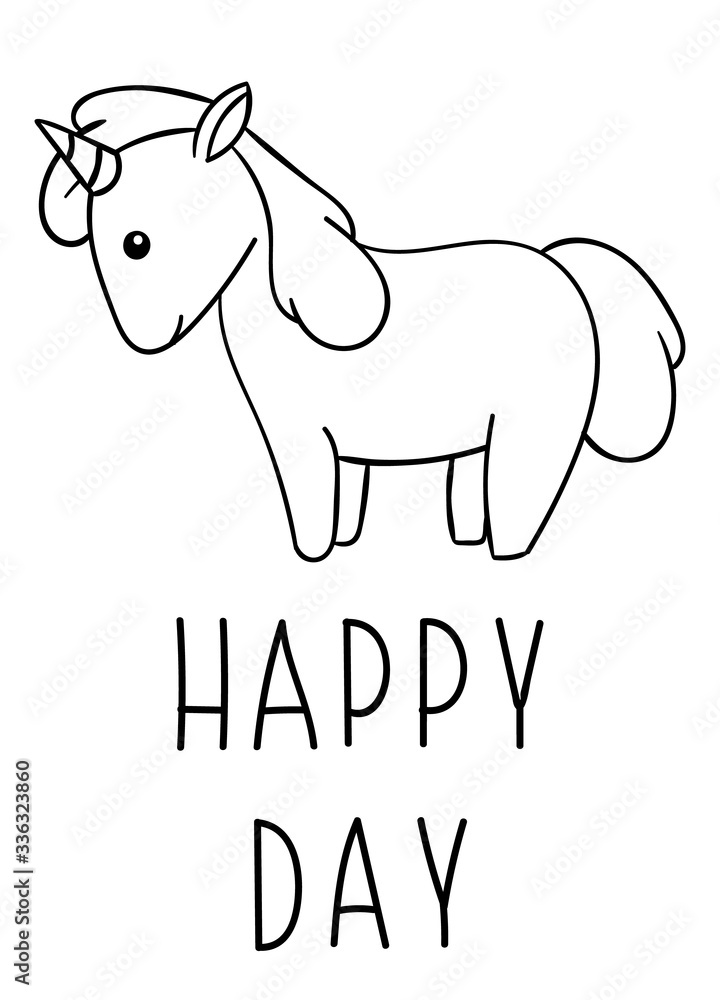 Coloring pages, black and white cute kawaii hand drawn unicorn doodles, lettering happy day