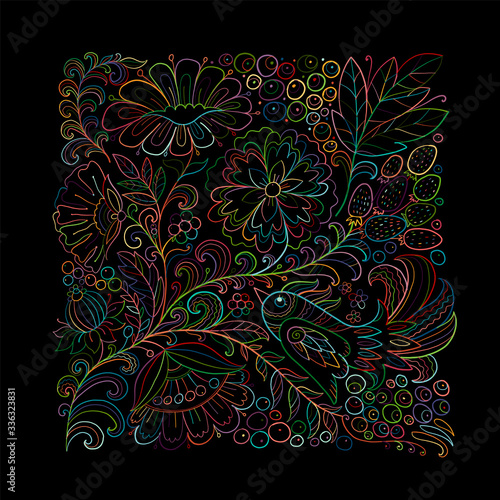 Magic forest with birds, background for your design