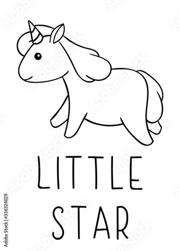 Coloring pages, black and white cute kawaii hand drawn unicorn doodles, lettering little star