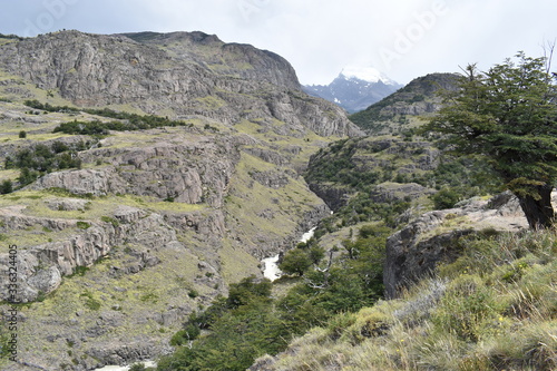 Hiking Trail to the Laguna de Los Tres in National Park in El Chalten, Argentina, Patagonia with mountains and a river in background