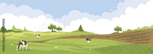 Abstract rural landscape with cows. Watercolor illustration, wheat fields and meadows