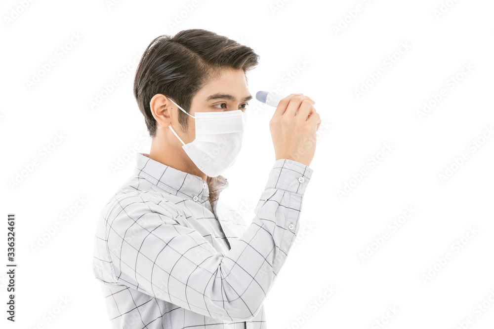 Man use digital themomether measure himself Man use digital themomether measure himself