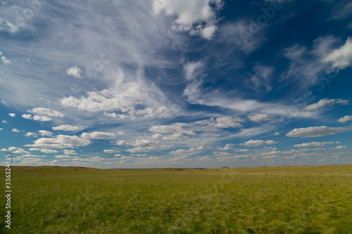 blue sky with Cumulus clouds  field  steppe 
