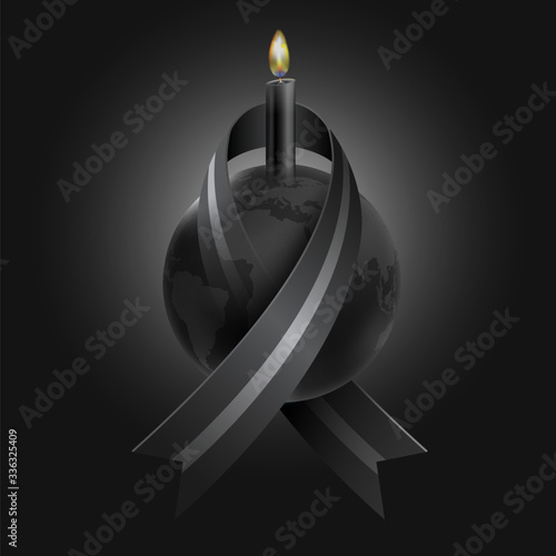 Mourning for the loss of many people from epidemics, wars, natural disasters using black ribbons wrapped around the world and black candles as a symbol of sadness and death.