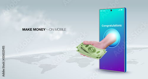 Make money online with a smart phone business concept. Sell ​​online, transfer money, make payments, make deposits, work anywhere in the world.