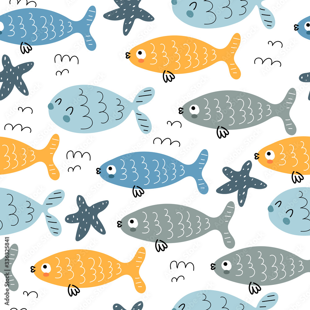 undersea seamless pattern with cartoon fish, starfish, decor elements. Colorful vector flat for kids. hand drawing. baby design for fabric, print, wrapper, textile undersea seamless pattern with cartoon fish, starfish, decor elements. Colorful vector flat for kids. hand drawing. baby design for fabric, print, wrapper, textile