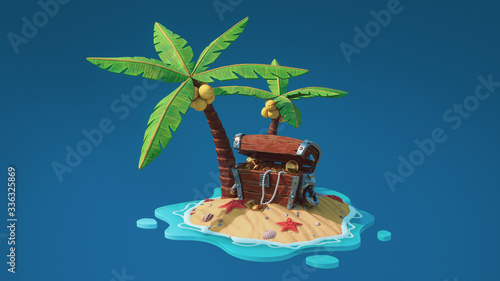 фотографія Opened wooden chest standing under palm trees on the sand with sea shells, starfish
