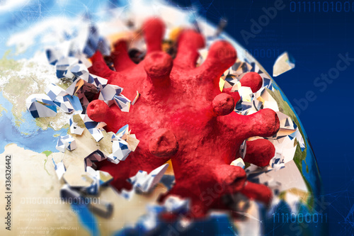 A virus that destroys the earth. Asian influenza coronavirus outbreak. Pandemic  the spread of the virus around the world. Global problem. Elements of this image furnished by NASA. 3d rendering