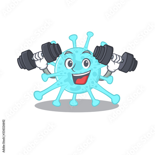 Mascot design of smiling Fitness exercise cegacovirus lift up barbells