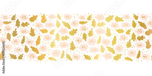 Seamless vector border pink and metallic gold foil flowers. Shiny golden pale pink on white floral pattern. Repeating ditsy flower border. Summer or spring design. For elegant decor, footer, cards