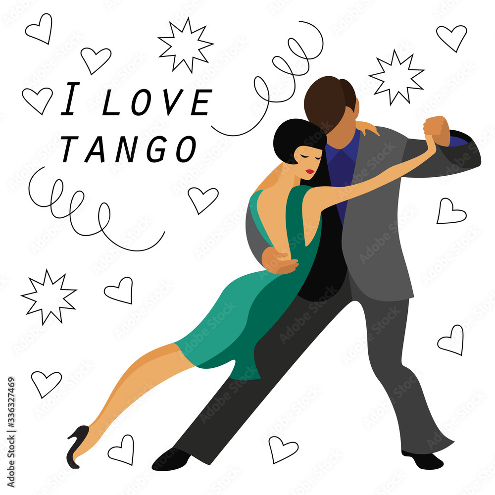 an elegant couple dancing the tango. a man and a woman in cartoon style isolated on a white background.  the inscription I love tango. stock vector illustration. EPS 10.