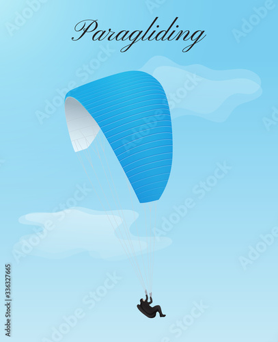 Flying paraglider in sky with clouds. Blue parachute with man free soaring in air. Vector illustration of paragliding