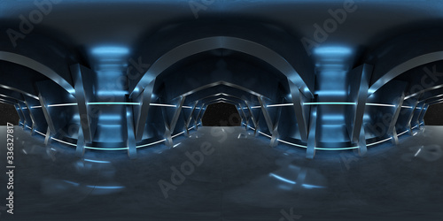 High resolution HDRI of a dark blue futuristic interior looking like a spaceship. 360 panorama reflection mapping of a huge shed interior 3D rendering