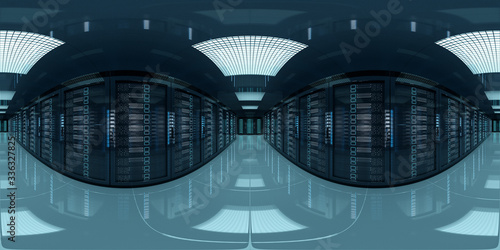 High resolution HDRI panoramic view of a server data room center. 360 panorama reflection mapping of a computer storage system interior. 3D rendering