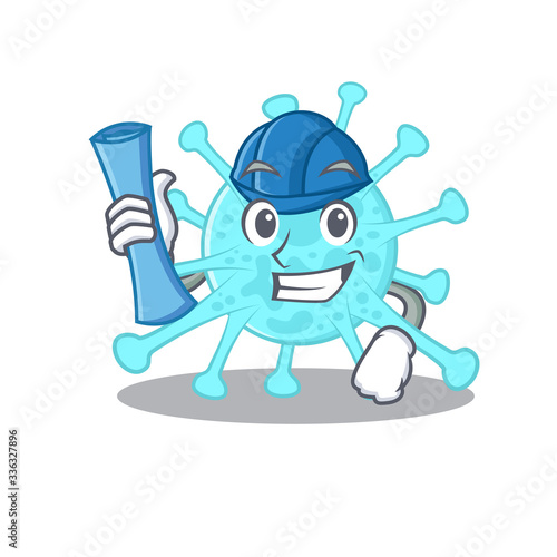Cartoon character of cegacovirus brainy Architect with blue prints and blue helmet