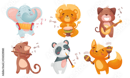 Cartoon Animals Playing Musical Instruments with Cat Fluting Vector Set © Happypictures