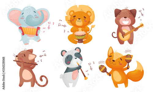 Cartoon Animals Playing Musical Instruments with Cat Fluting Vector Set