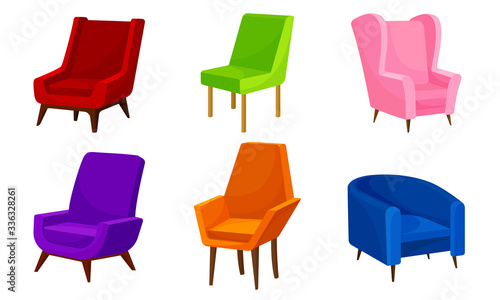 Bright Upholstered Armchairs and Chairs Isolated on White Background Vector Set