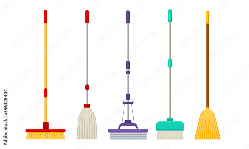 Cleaning Equipment with Different Mops and Brooms Vector Set Stock Vector |  Adobe Stock