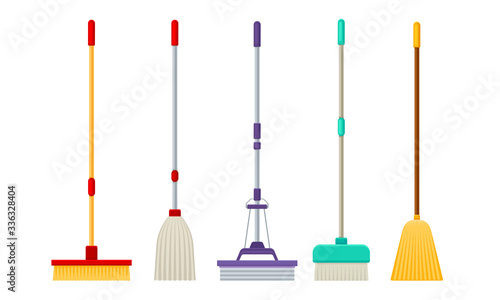 Cleaning Equipment with Different Mops and Brooms Vector Set