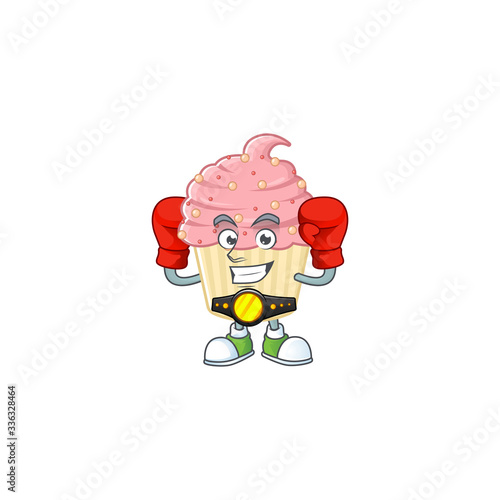 A sporty strawberry cupcake boxing athlete cartoon mascot design style