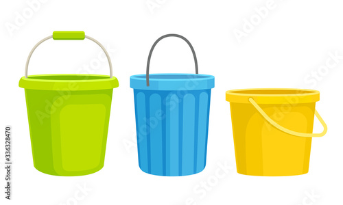 Cleaning Equipment with Different Buckets Isolated on White Background Vector Set