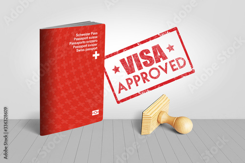 Switzerland Passport with Visa Approved Wooden Stamp for Travel - 3D Illustration