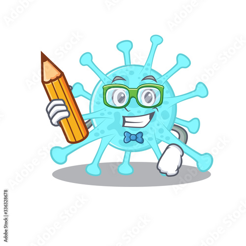 A brainy student cegacovirus cartoon character with pencil and glasses