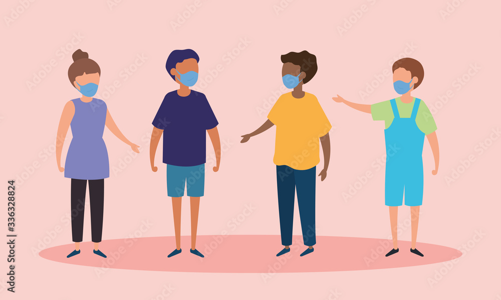 Obraz premium group of children with face mask vector illustration design