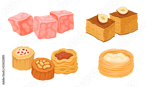 Oriental Sweets and Turkish Delights with Baklava and Rahat Lakoum Vector Set