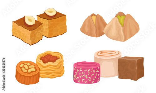 Oriental Sweets and Turkish Delights with Baklava and Rahat Lakoum Vector Set