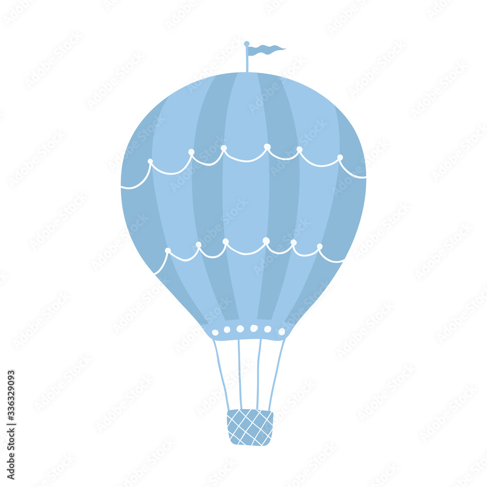 Obraz premium Cute romantic air balloon in blue color isolated on a white background. Icon for children's room design, textiles, invitations, greeting cards. Vector illustration
