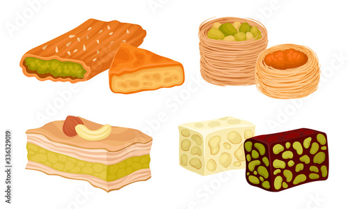 Oriental Sweets and Turkish Delights with Baklava and Rahat Lakoum Vector Set